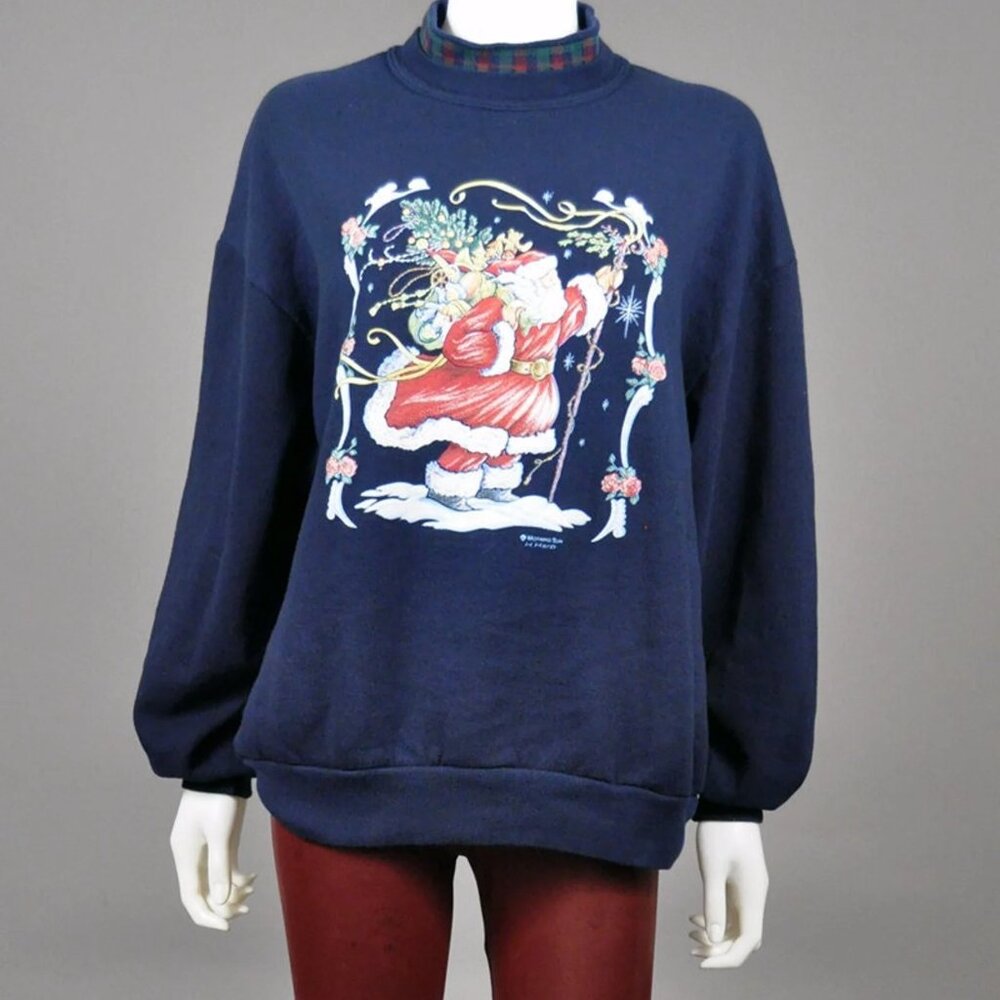 Vintage 1990's SANTA Saint Nicholas Puffy Paint Navy Blue Oversized Sweatshirt